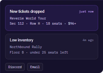 New tickets dropped and low inventory alerts delivered to Discord or email