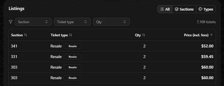 Listings table with section, ticket type, quantity and price filters