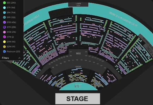 Venue map with every available seat coloured by price range