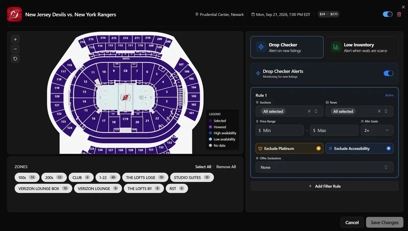 Instant alert rule editor with a venue map