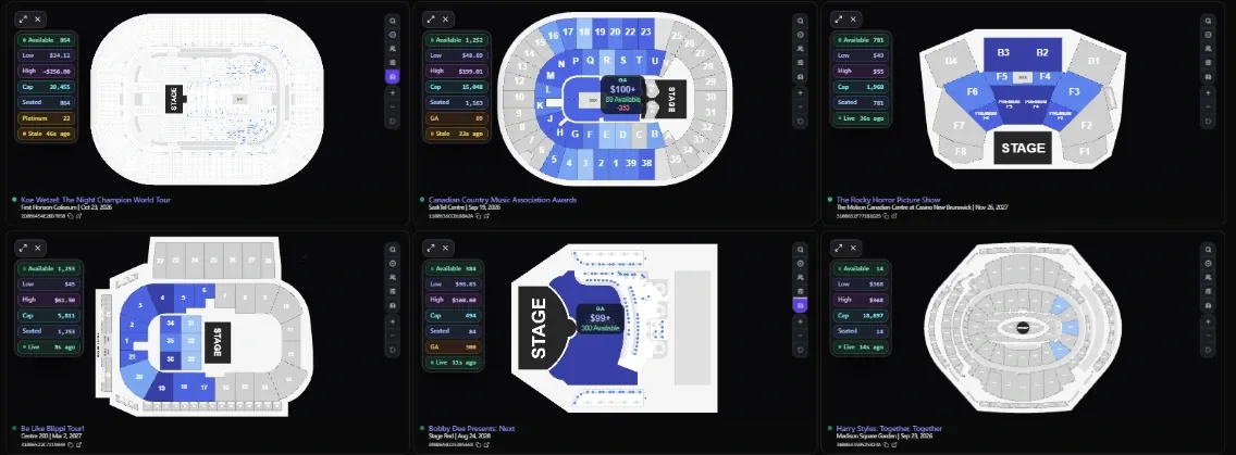 Grid view with live venue maps for six events during an onsale